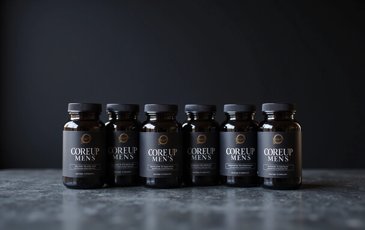 ภาพประกอบผลิตภัณฑ์เสริมอาหารสำหรับผู้ชาย CoreUp วางอยู่บนพื้นหลังสีเข้ม